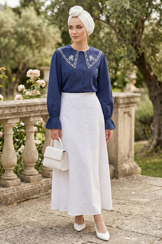 Chemise à col marin brodée bleu marine
