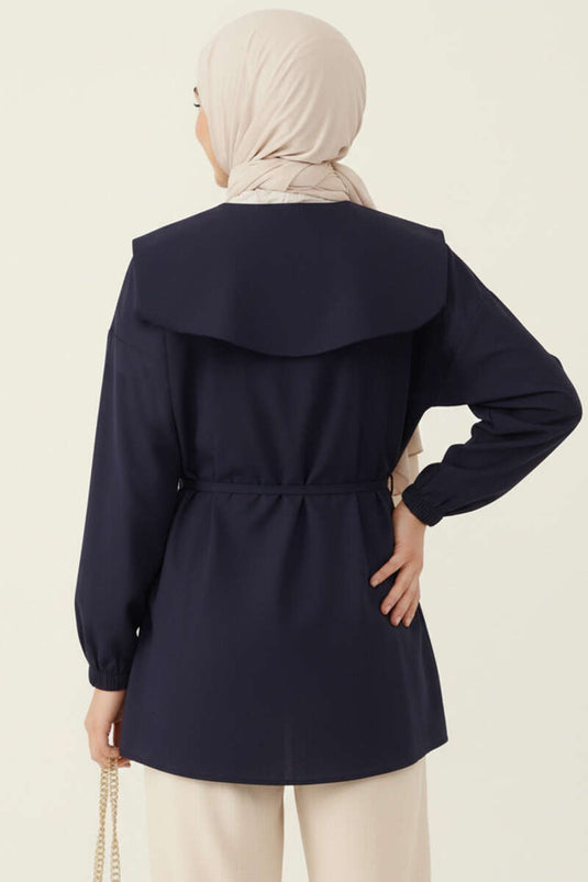 Denizci Yaka Nervürlü Tunik Lacivert