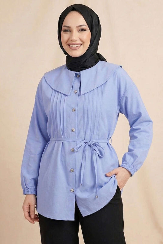 Denizci Yaka Nervürlü Tunik Mavi