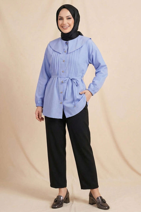 Denizci Yaka Nervürlü Tunik Mavi