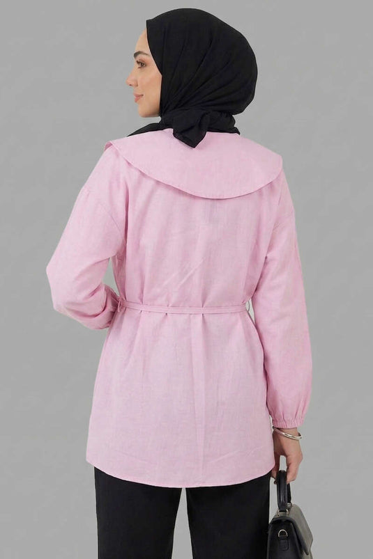 Denizci Yaka Nervürlü Tunik Pembe