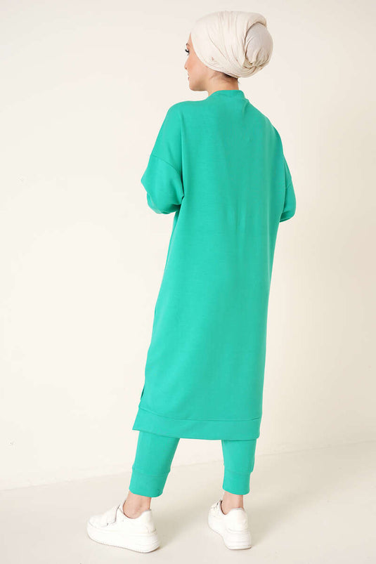 Costume Double Long Brodé En Cuir Vert