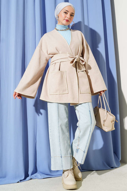 Lederbesetzte Jacke mit Taschen, Beige