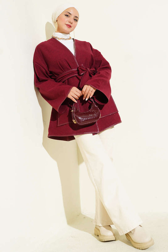 Lederbesetzte Jacke mit Taschen, Burgunderrot