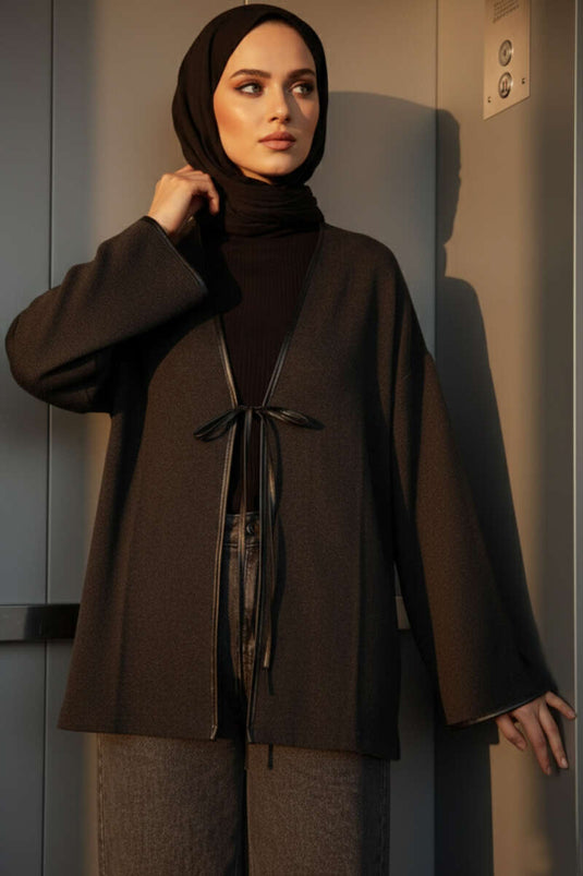 Leder-Kimono in Anthrazit mit Taillengürtel und Rippenoptik