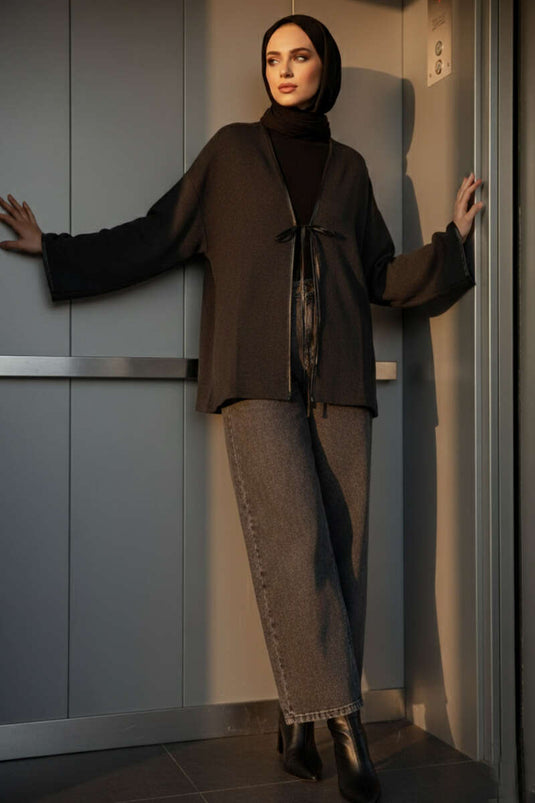 Leder-Kimono in Anthrazit mit Taillengürtel und Rippenoptik