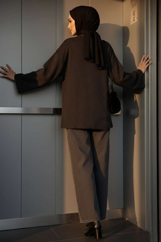 Leder-Kimono in Anthrazit mit Taillengürtel und Rippenoptik