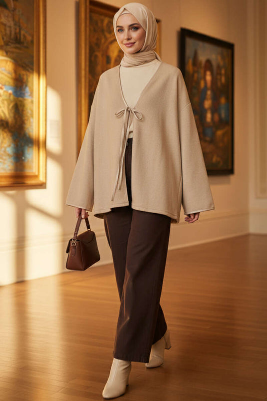 كيمونو بيج بمظهر مضلع وحواف جلدية