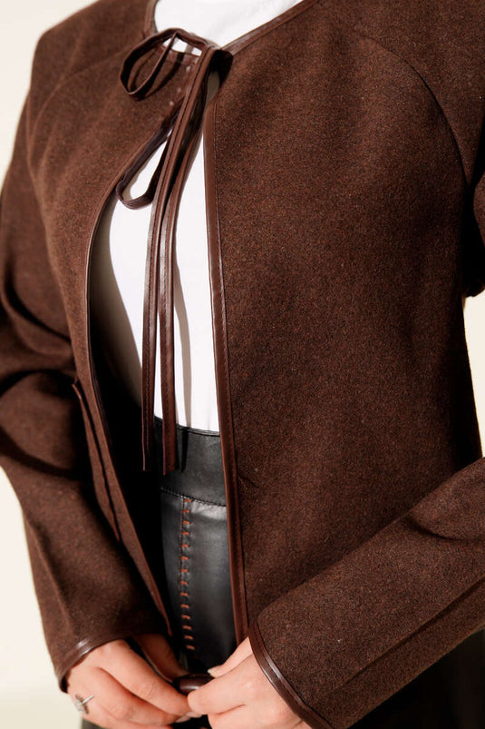 Leather Piping Cachet Short Jacket Brown