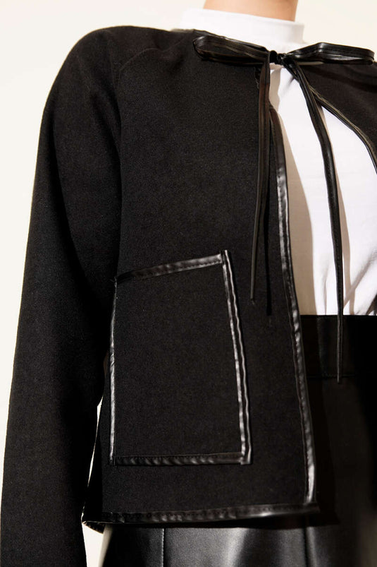 Leather Piping Cachet Short Jacket Black