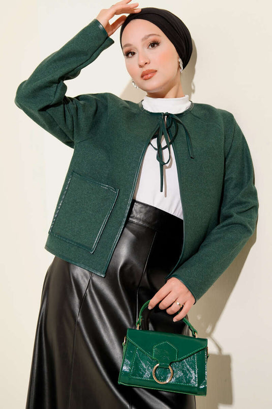 Leather Piping Cachet Short Jacket Emerald