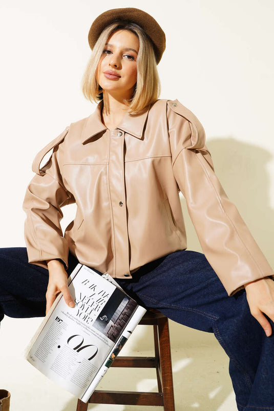 Leather Snap-Button Zip Jacket Latte