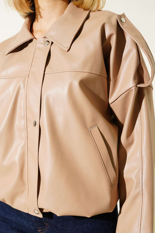 Leather Snap-Button Zip Jacket Latte