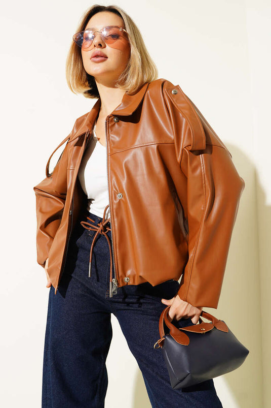 Leather Snap-Button Zipper Jacket, Tan