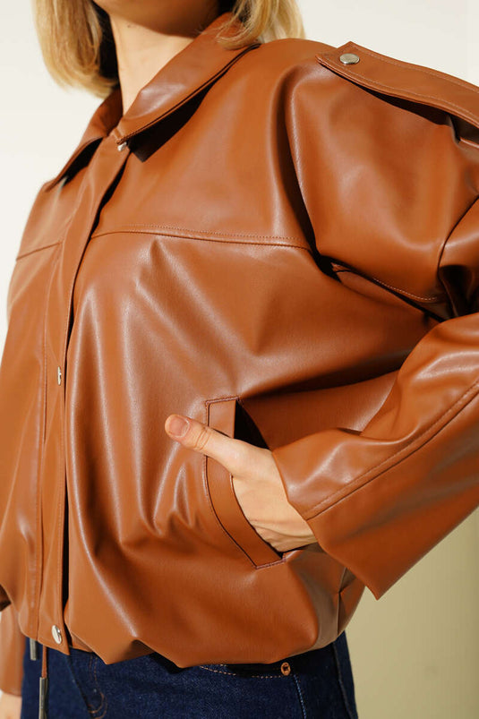 Leather Snap-Button Zipper Jacket, Tan