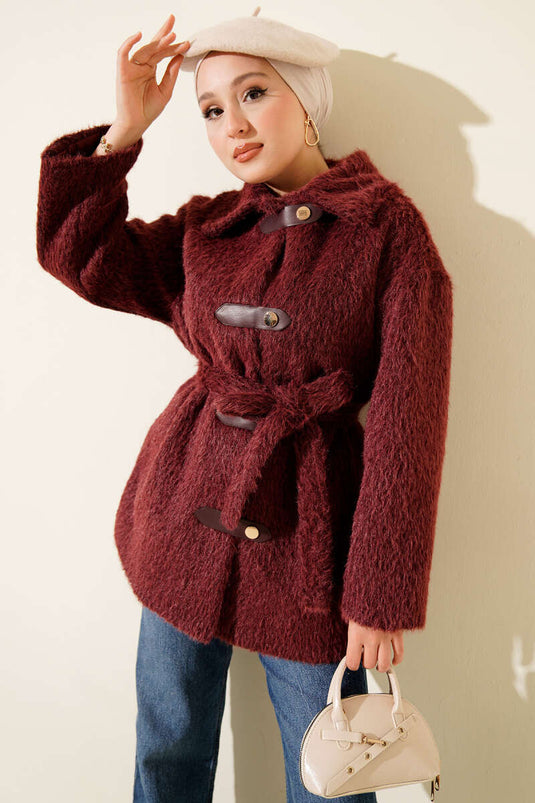 جاكيت جلدي بحزام ولحية، لون عنابي