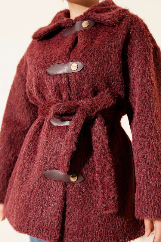 جاكيت جلدي بحزام ولحية، لون عنابي