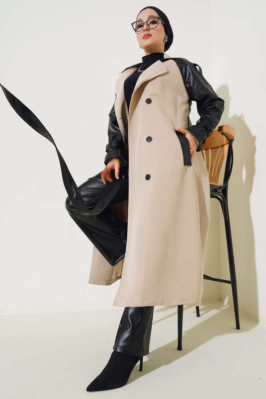 Trench con cintura e dettagli in pelle Beige