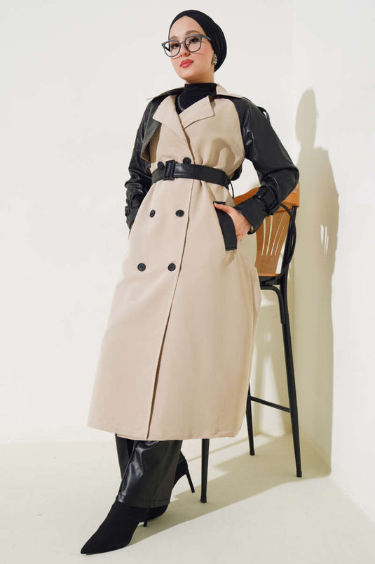 Beige Belted Trench Coat with Leather Details