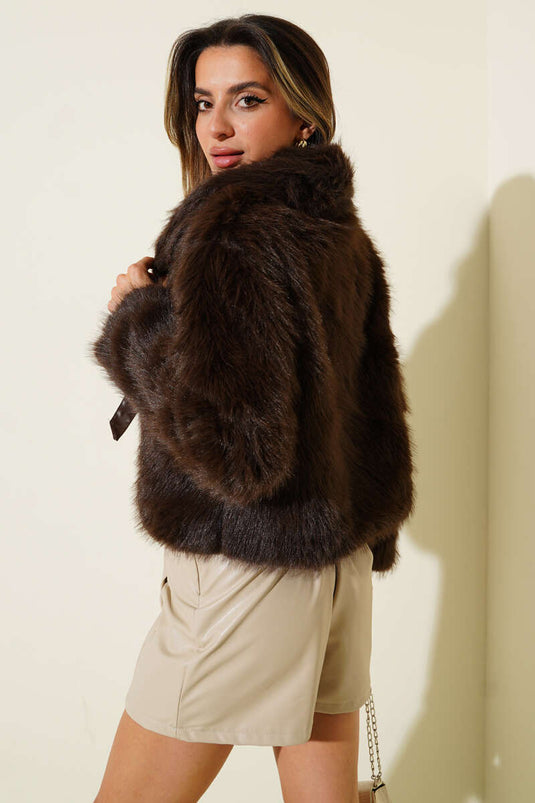 Fur Coat with Leather Bow Detail, Brown