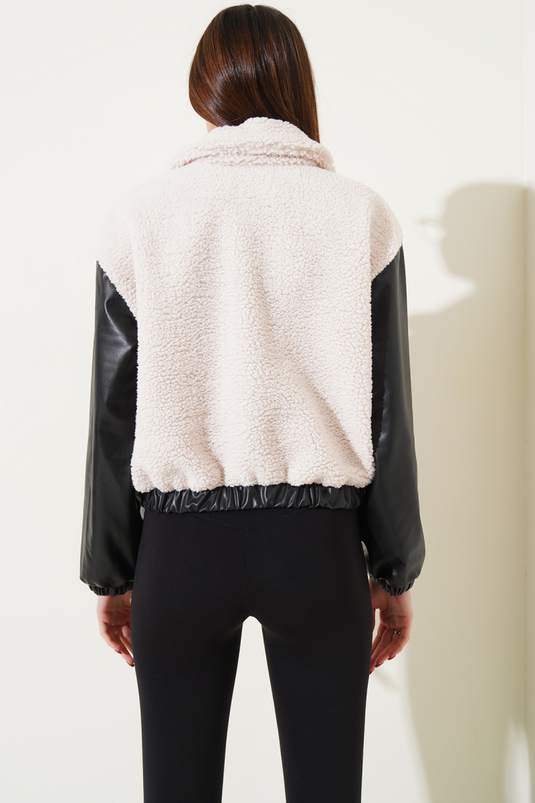 Leather Garnished Pocket Plush Coat Black