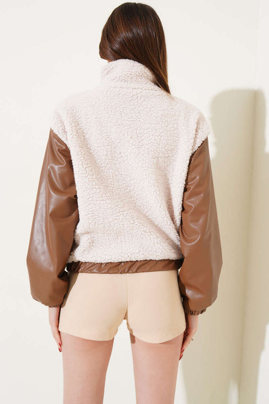 Plush Coat with Leather Garnish and Pockets, Tan