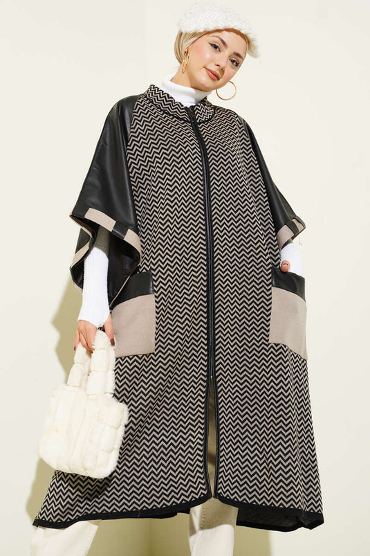 Leather Trimmed Zip-Up Poncho, Black