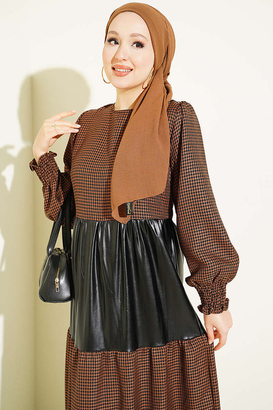 Robe Houndstooth En Cuir Marron