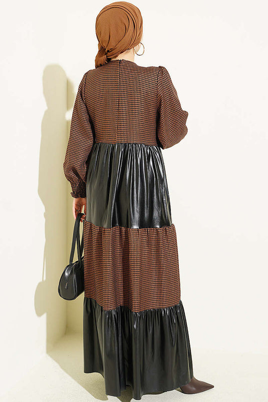 Robe Houndstooth En Cuir Marron