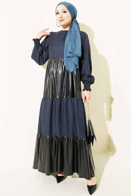 Robe À Motif Pied-De-Poule En Cuir Bleu
