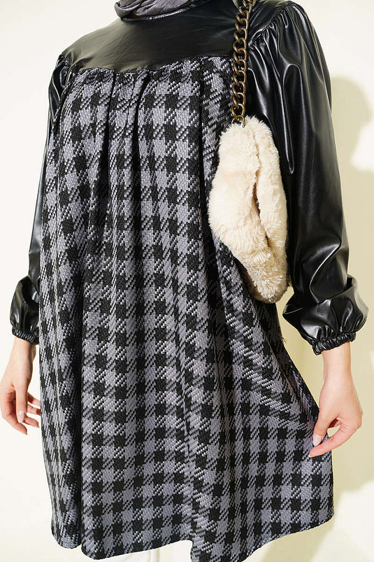 Tunique À Motif Pied-De-Poule Gris Avec Détails En Cuir