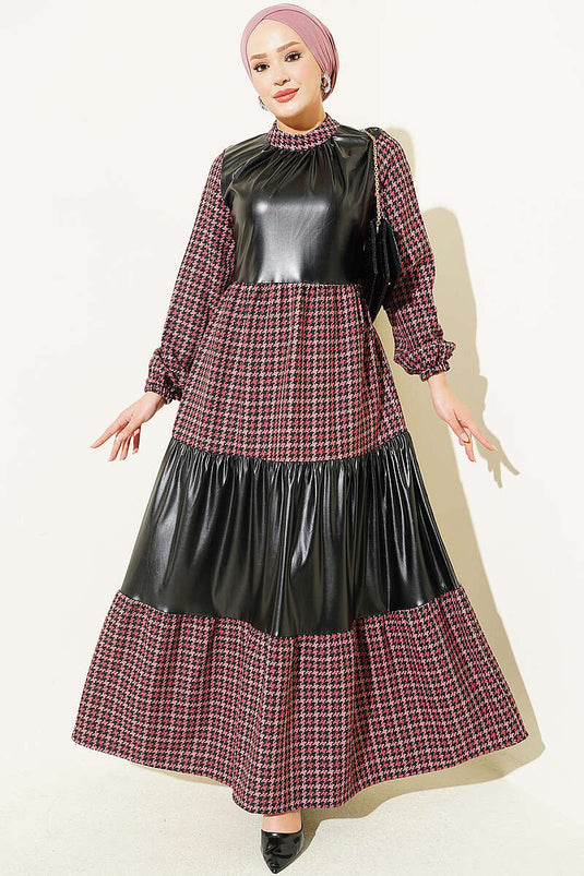 Robe Houndstooth Rose En Cuir