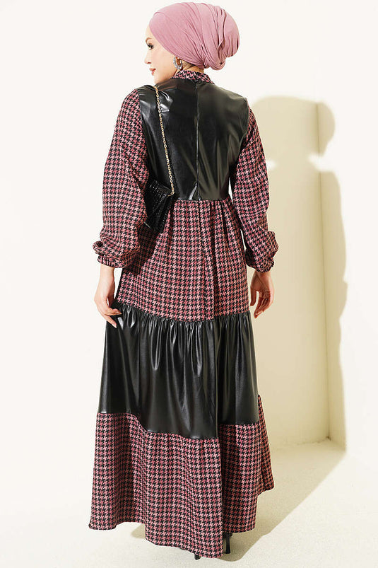 Robe Houndstooth Rose En Cuir