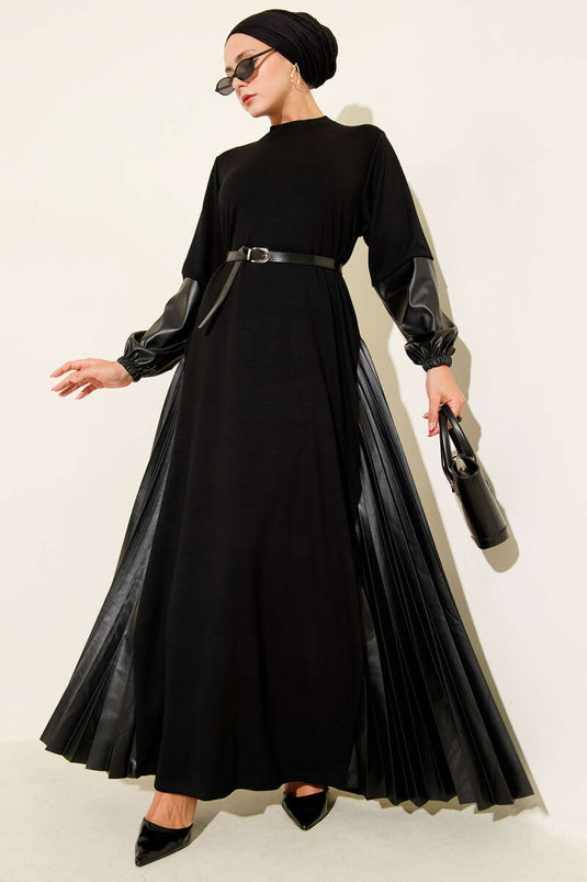 Leather Garnished Belted Dress Black
