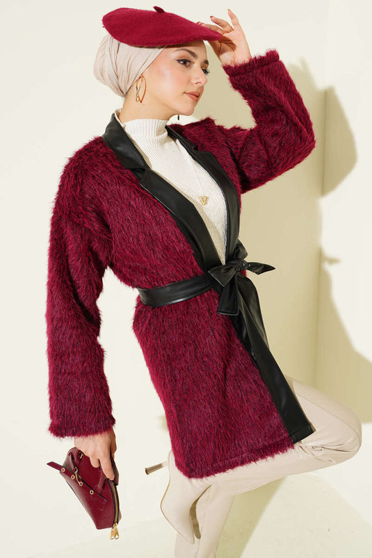 Leather Garnished Bearded Jacket Burgundy