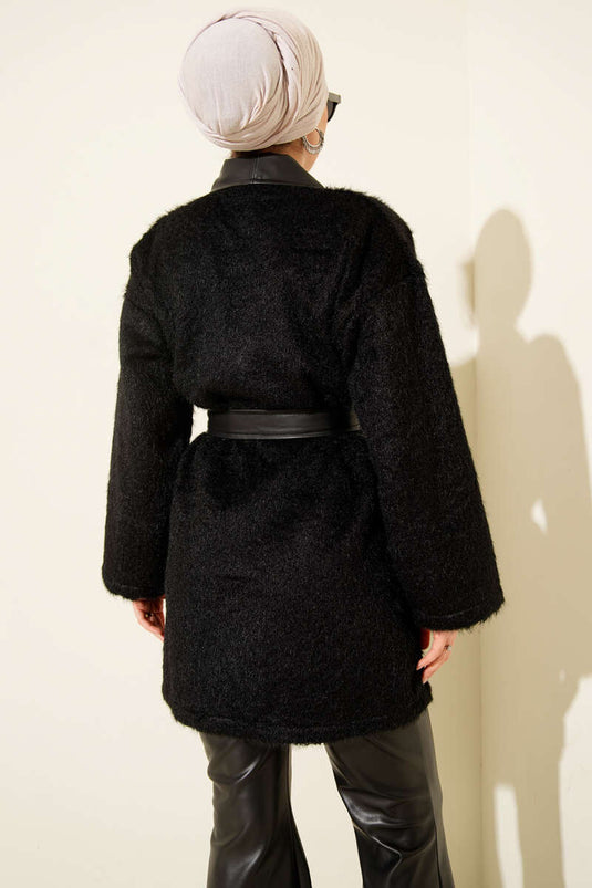 Leather Trimmed Bearded Jacket, Black