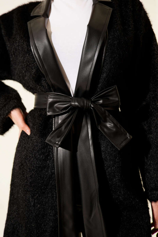 Leather Trimmed Bearded Jacket, Black