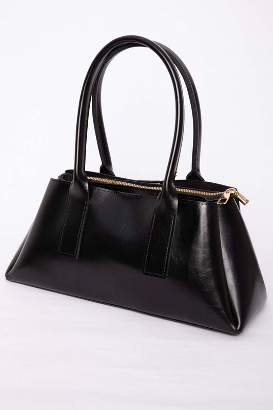 Black Leather-Look Zippered Hand & Shoulder Bag