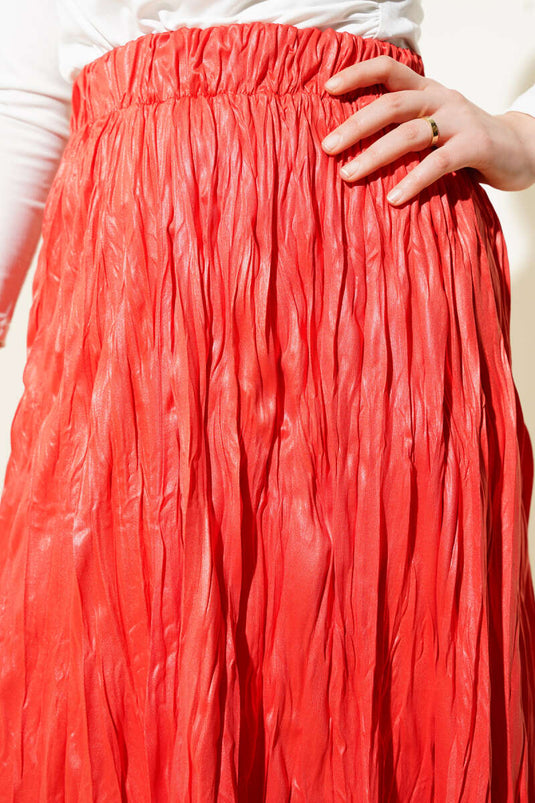 Deri Görünümlü Kırışık Etek Alizarin