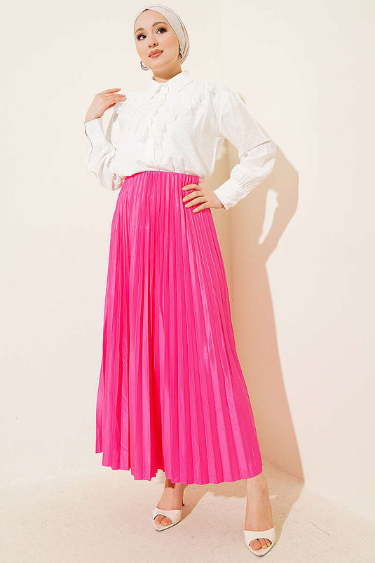 Pleated Skirt with Leather Look Pink