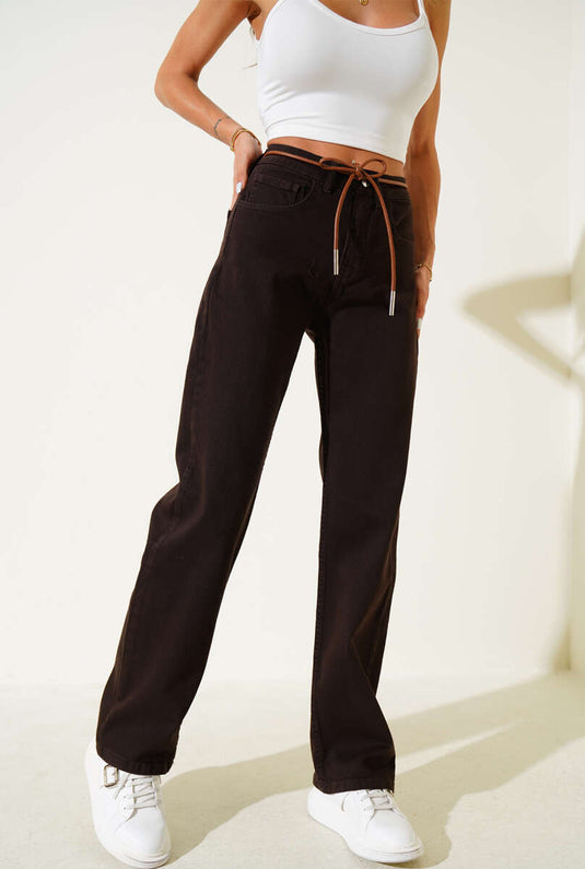 Leather Belted Straight Leg Jeans, Brown