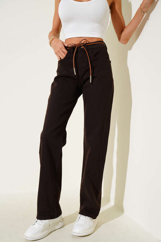 Leather Belted Straight Leg Jeans, Brown