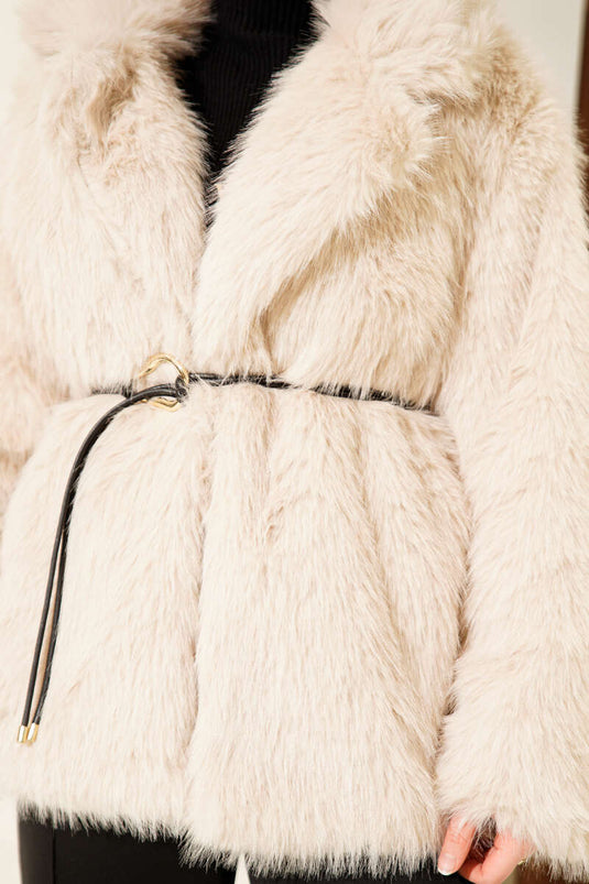 Fur Coat with Leather Belt, Beige