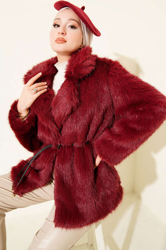 Deri İp Kuşaklı Kürk Mont Bordo