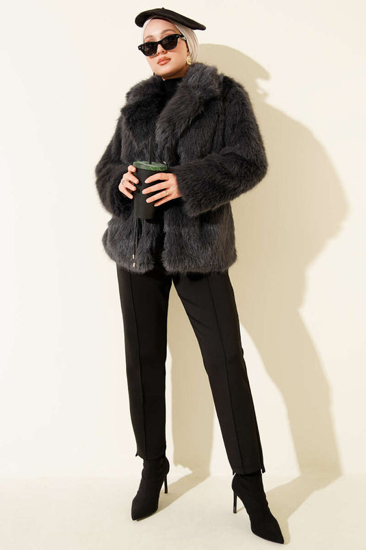 Leather Belted Fur Coat, Smoke Grey