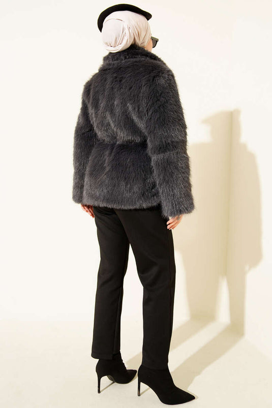 Leather Belted Fur Coat, Smoke Grey