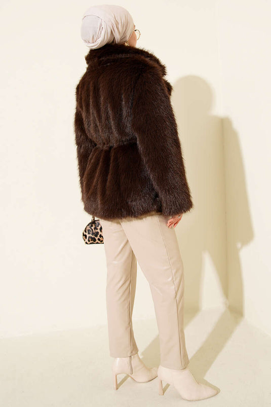 Leather Belted Fur Coat, Brown
