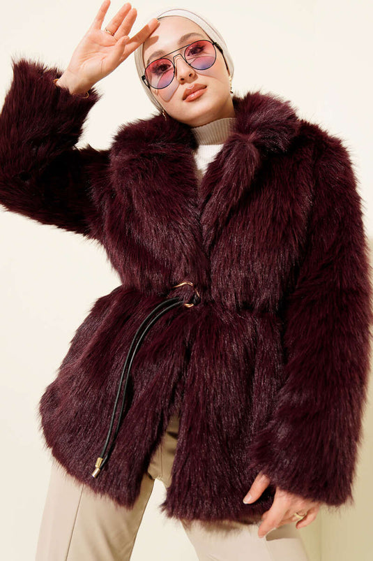Fur Coat with Leather Belt, Purple