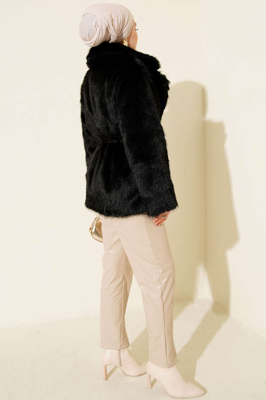 Leather Belted Fur Coat, Black