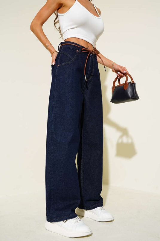 Navy Blue Wide Leg Leather Drawstring Jeans